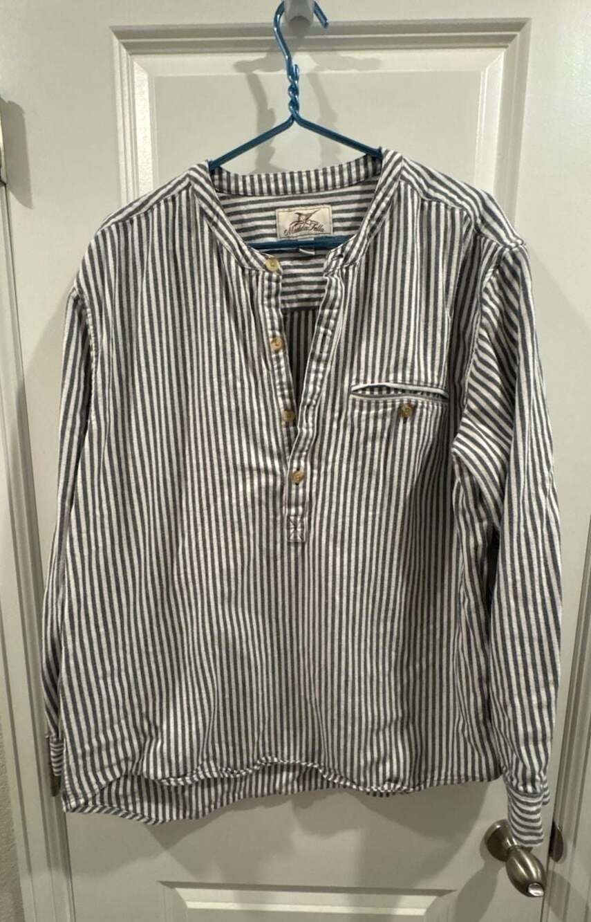 Madda Fella Men's Blue and White Striped Long Sleeve Cotton Grandfather Pullover